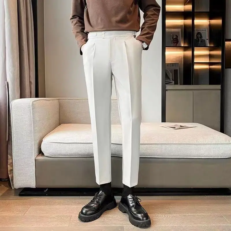 2023 Spring and Autumn Men's Solid Color Slim Fit Button Zipper Paris Button Casual Fashion Elegant Commuter Suit Pants
