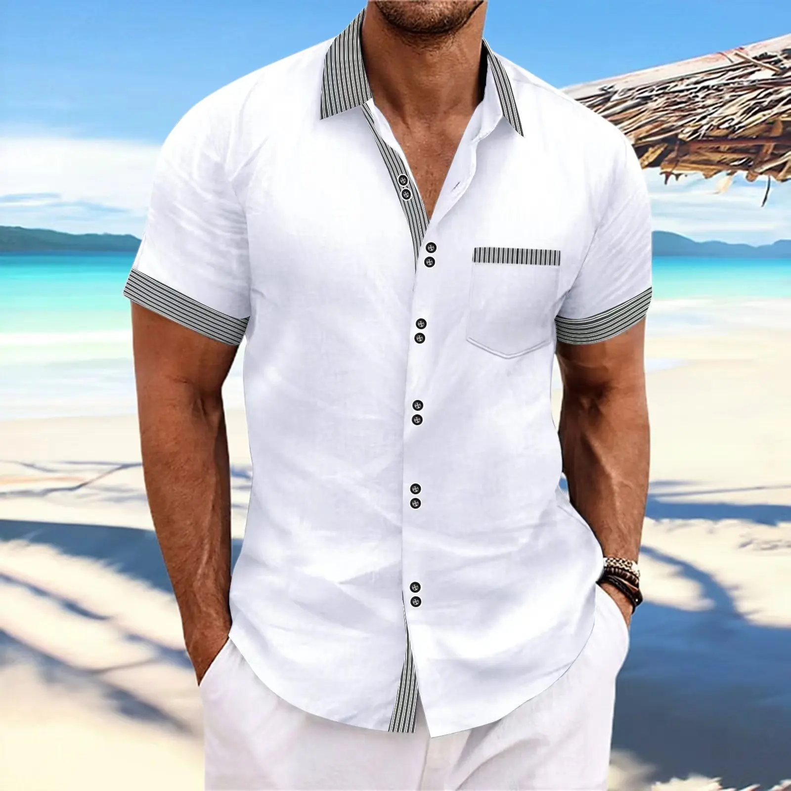 Men's Shirts Fashion Striped Double Buckle Short Sleeve Business Slim Casual