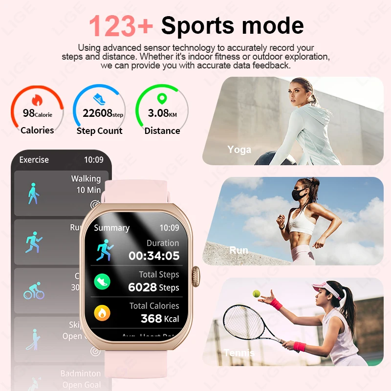 LIGE 2025 Smart Watch For Android IOS Phone 2.01" 3D Curved Screen Bluetooth Call Blood Oxygen Heart Rate Smart Watch Women Men