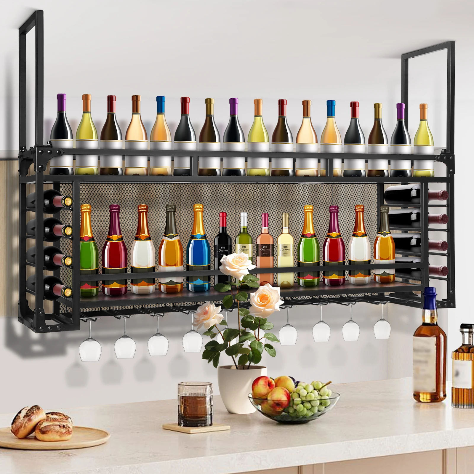 Wall Mounted 2 -Tiers Black Iron Bar Shelves Wall Mounted Floating Shelves Display Storage Organizer for Kitchen Dining Room Bar