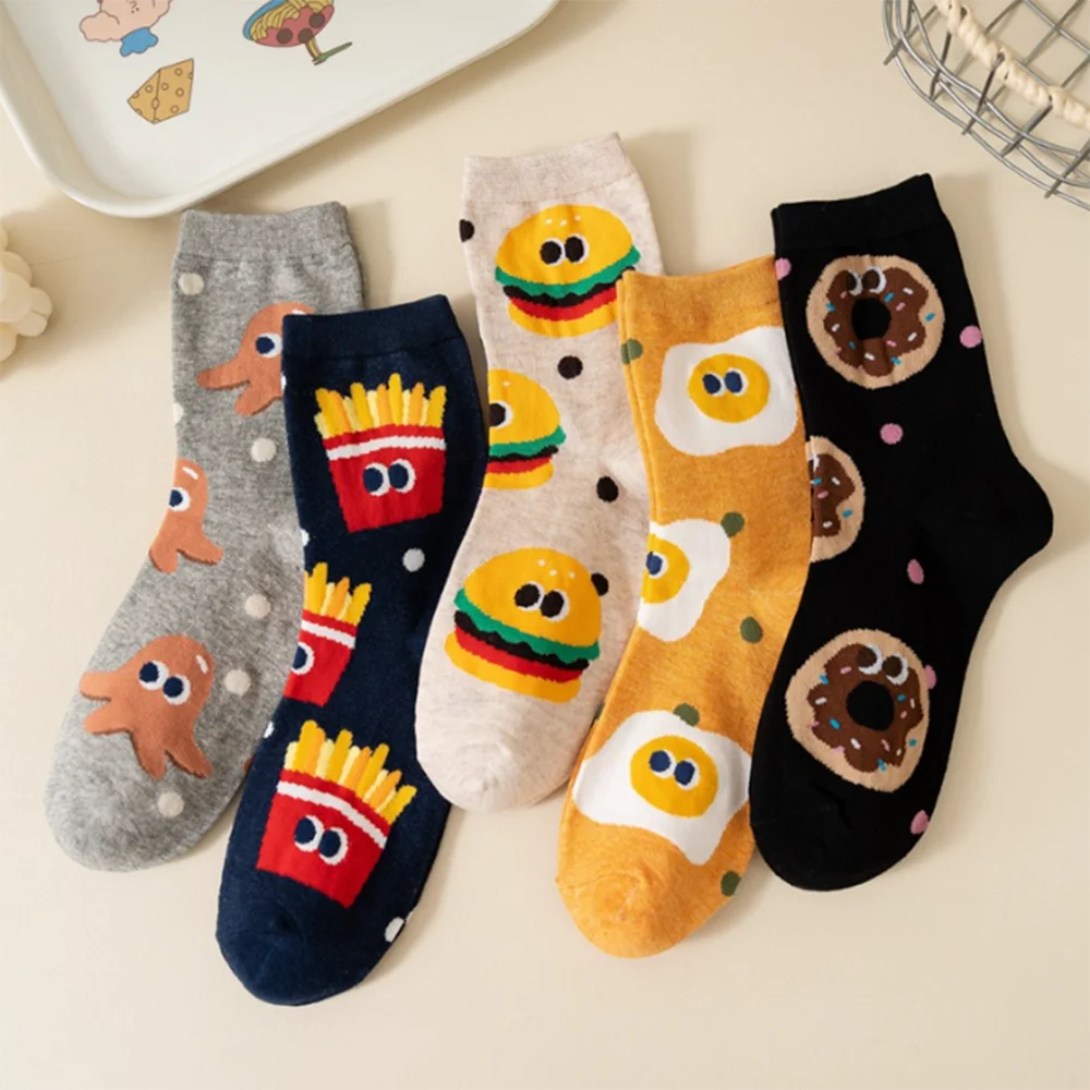 5 Pairs Cute Cartoon Food Cotton Socks - Fun Personality Korean Style Socks