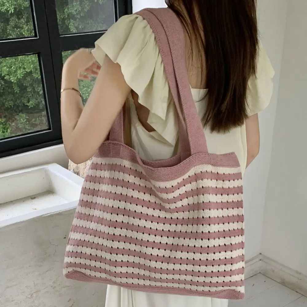 

Bohemian Knitted Handbag New Large Capacity Narrow Stripe Tote Bag Woven Women's Pack Female