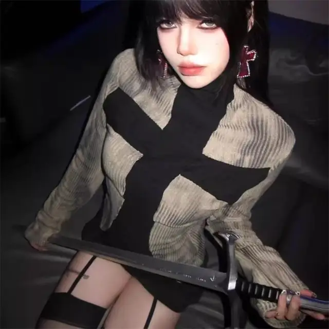 Femmes Y2k Vêtements Hauts côtelés Vintage Harajuku Croix Imprimé T-shirt Grunge Esthétique Manches Longues Patchwork Hauts Tendance 2000s 1