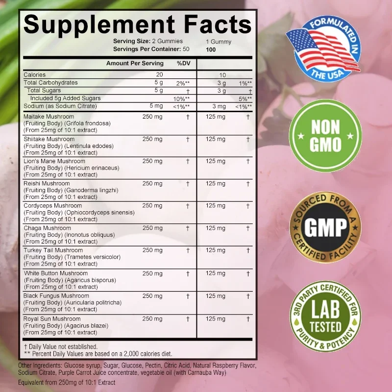 Mushroom Gummy Complex-Immune System and Mood Support with Maitake, Shiitake, Lion's Mane Mushrooms