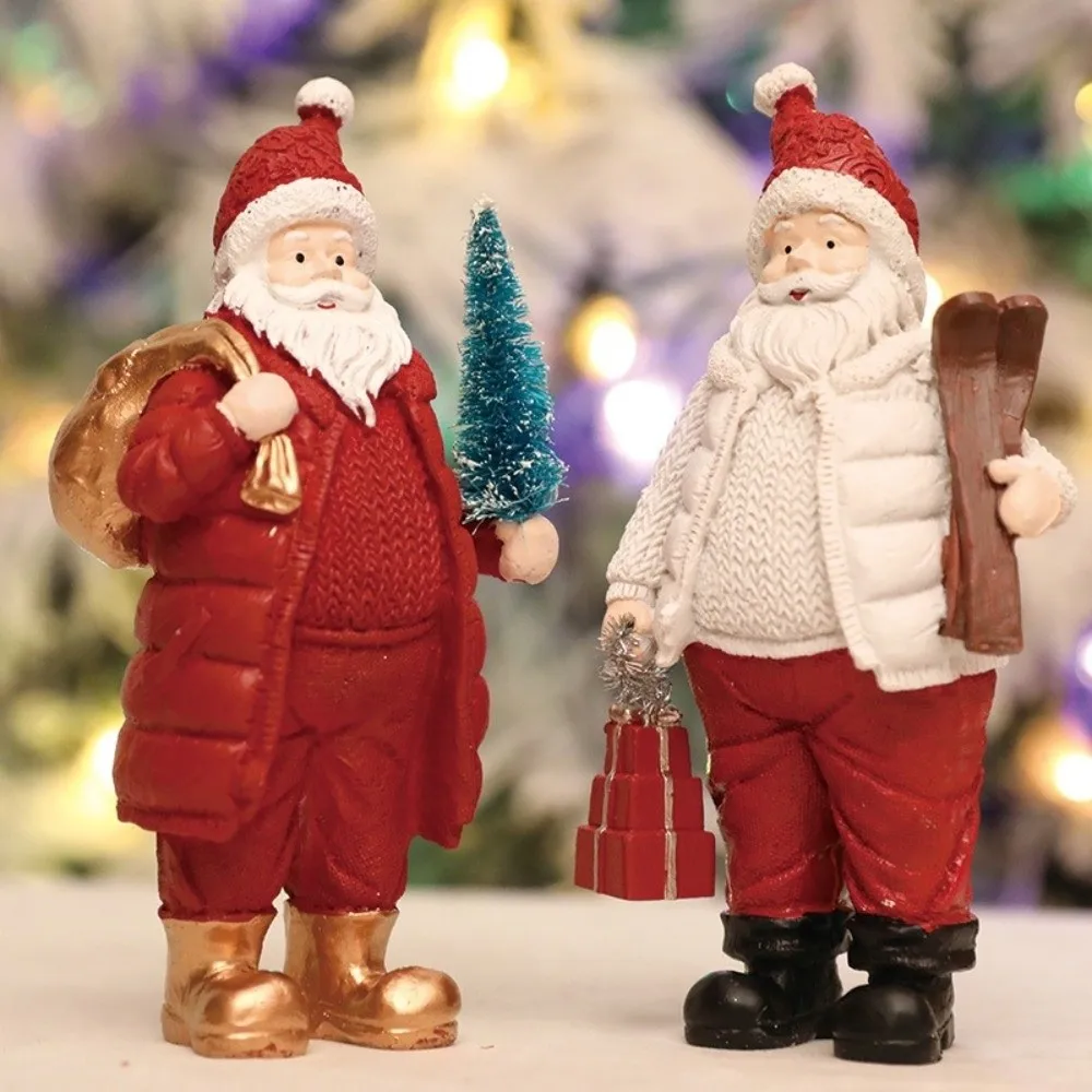 Red White Santa Claus Ornaments Resin Handcrafted Christmas Figurine Standing Holiday Santa Statue Home Decor