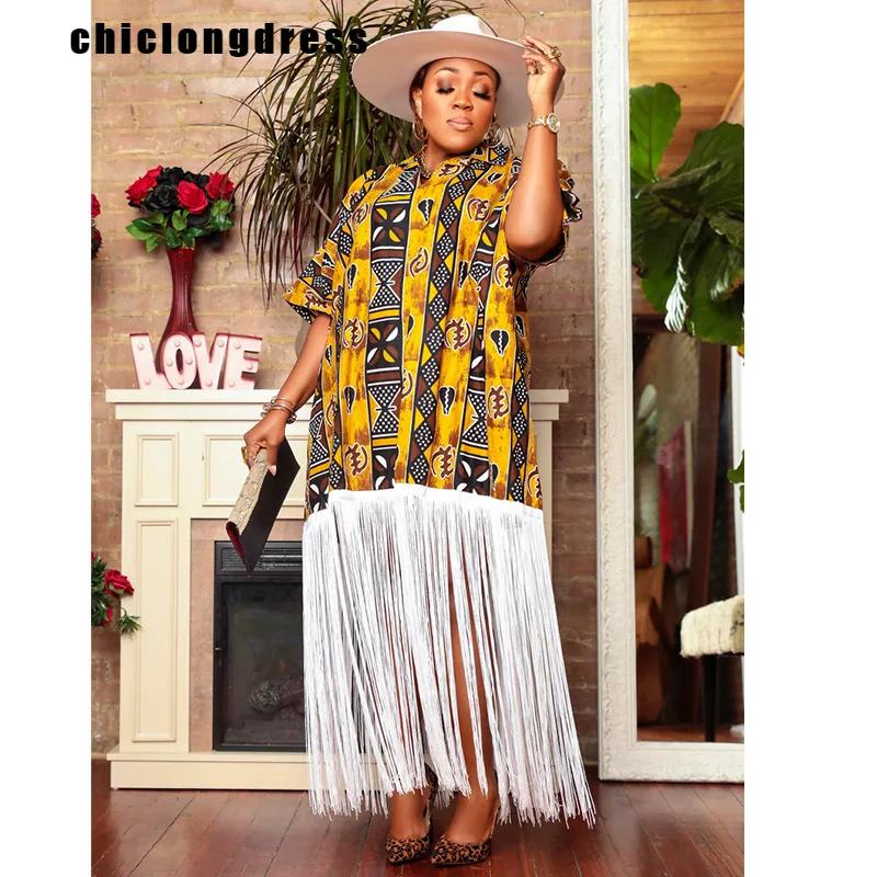 

Summer Fashion Printed Tassel Dress African Women Casual Loose V-neck Short Sleeve Robe Tassel Dress Women