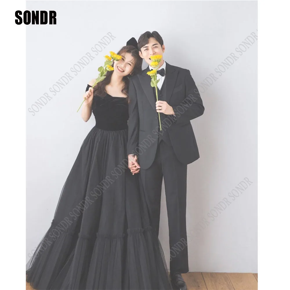 

SONDR Black Cap Sleeves Velour/Taffeta Evening Dresses Korea A Line Prom Gown Strapless Custom Formal Night Party Dress