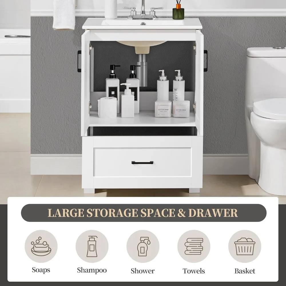 24.5" Bathroom Vanity with Ceramic Basin, Undermount Vanity Sink Cabinet with 2 Doors and 1 Drawer, Bathroom Storage Cabinet 6