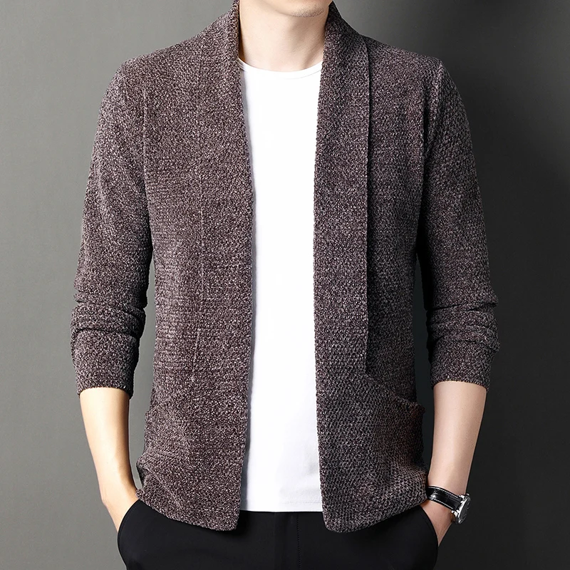

Men's Knitted Cardigan 2023 New Chenille Lapel Buttonless Solid Color Simple Business Casual