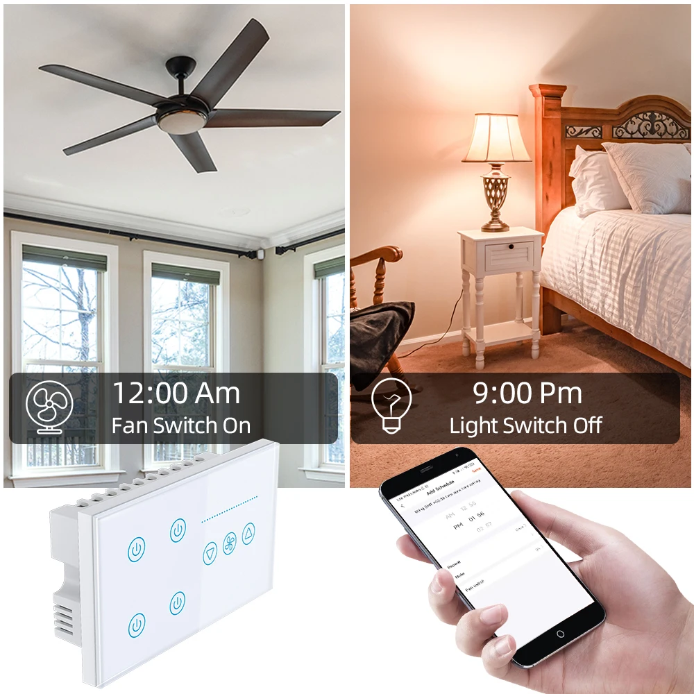 Tuya Wifi Smart Light 4 Gang Switch Fan Speed Dimmer interruptor Glass Touch Panel Power Metering Remote by Alexa Google Home smart switch smart light switch