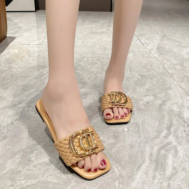 Sandalias planas de diseño de tejido de decoración de lujo para mujer, zapatos de punta abierta para vacaciones,  slippers 2
