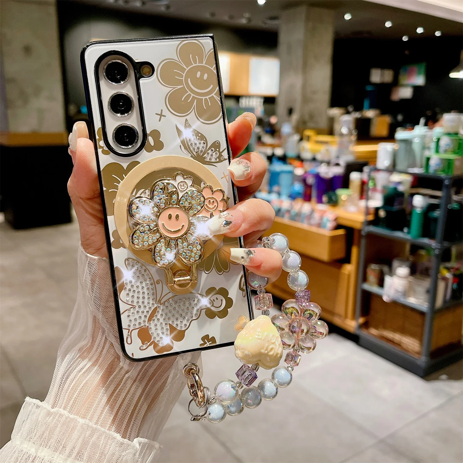 TYBOMB Luxury Pearl Keychain Floral Magnetic Ring Stand Case for Galaxy Z Flip 5/Z Flip 4/Flip 3 Wireless Charging Folding Cover