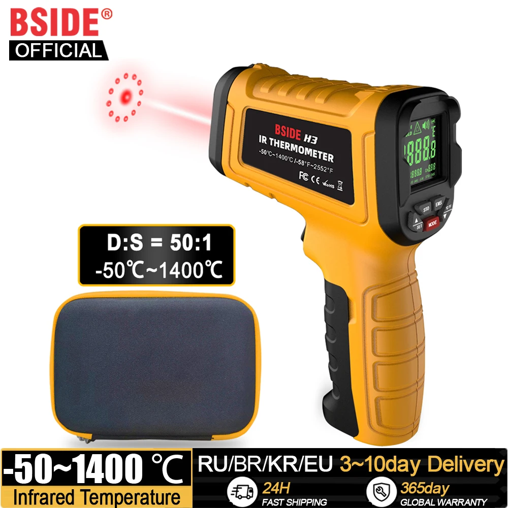 BSIDE Infrared Thermometer Professional 50:1 -50~1400C Digital IR-LCD Temperature Meter Non-contact Laser Thermometers Pyrometer