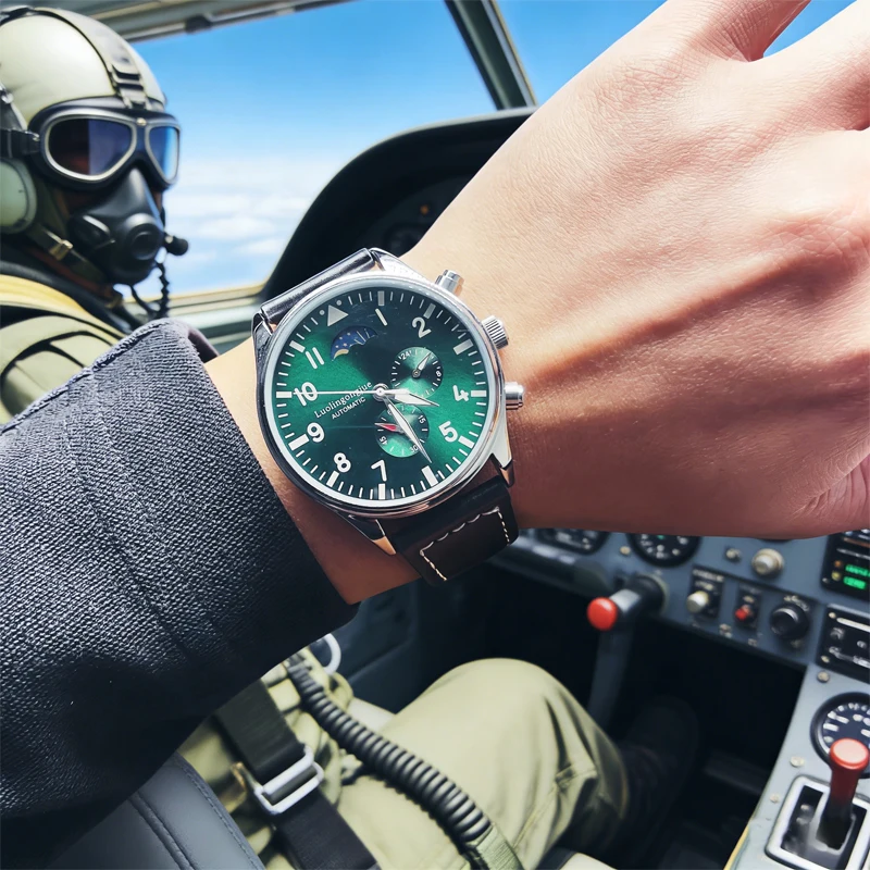 Sports Men's Automatic Mechanical Watch with Skeleton Design, Round Dial, Moon Phase Sub-Dial, Luminous Leather Strap, Waterproof, Fashionable Business Casual Men's Watch, Suitable for Travel and Dail - 6