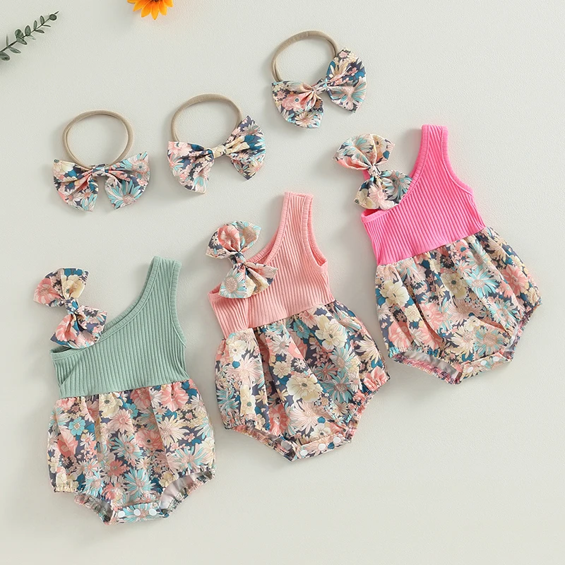 

Tregren 0-18M Newborn Infant Baby Girl Floral Print Rompers Summer Bow Sling One Shoulder Jumpsuits with Headband Cute Bodysuits