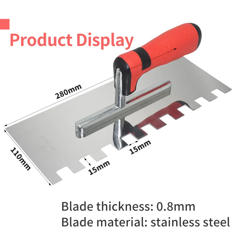Plastering Trowel 15mm Square Teeth Stainless Steel 280mm Plastic Handle