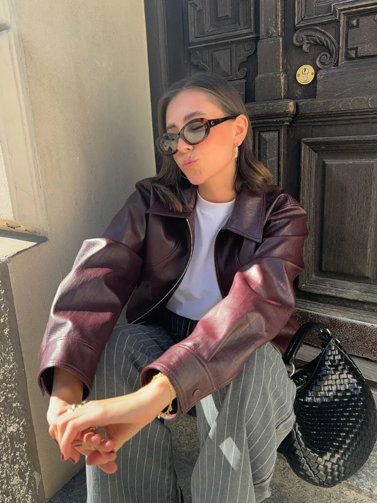 Vintage Solid Lapel Collar Zipper Women's Pu Leather Jacket Fashion Long Sleeve Pockets Short Loose Coat Autumn Winter Outerwear 2