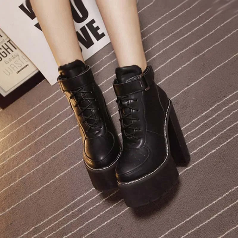 

Black Platform Boots Gothic Punk Lace Up Thick Heel Autumn Shoes Rock Ankle Boots For Women Pu Leather High Heels Bottes Femme