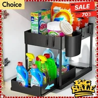 Organisateur d'évier de cuisine multifonction à 2 niveaux, panier d'armoire coulissant avec crochets, tasse suspendue, nouveau support peu encombrant pour salle de bain et cuisine 1