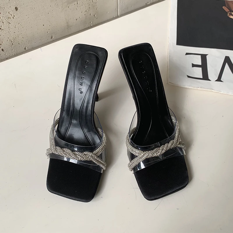 Summer Fashion New Sexy Banquet Comfortable Crystal Transparent PVC Solid Color Square Toe Women's Slippers Sandals High Heels