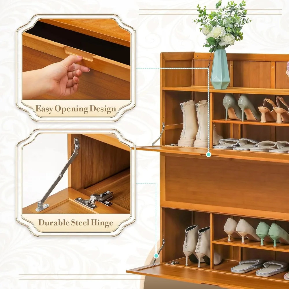 39" 6-Tiers Bamboo Shoe Storage Cabinet Drop Down Doors Shoe Rack Freestanding Organizer Shelf with Heigh