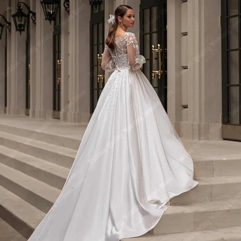 Beautiful Lace Printing Women Wedding Dresses Long Sleeves Vintage Bridal Gowns Shiny Decal Design Vestidos De Novia Customized 2