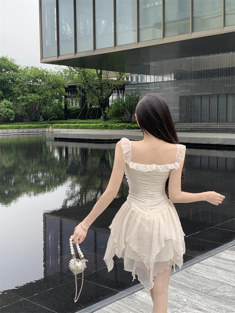 Y2K Irregular Ruffles Short Dresses for Women Spaghetti Strap High Waist A-line Summer New Korean Fashion One Piece Party Dress