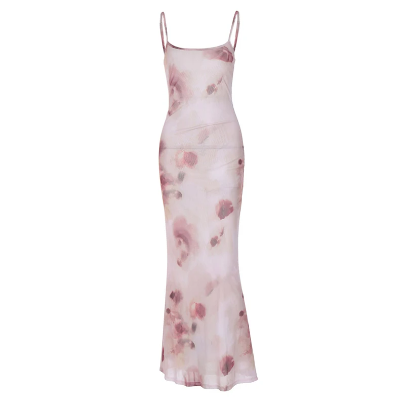 Summer Long Dress y2k Women Floral Print Square Neck Spaghetti Strap Sleeveless Bodycon Dress 2000s Club Party Dresses