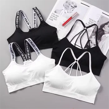 Letter strap back underwear women without underwire integrated with chest cushion back heart strap women wrap chest fitness yoga 2
