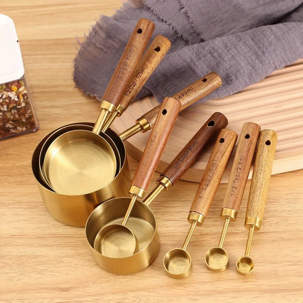 Measuring Cup and Spoon Set 8 Piece Stainless Steel with Wooden Handle Baking Coffee Tools