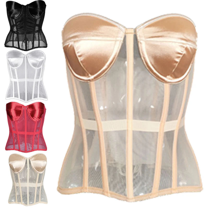 Sexy Women Sheer Bustier Lace Up Corset Top Corset Boned Waist Trainer Lingerie Overbust Corsets Body Shaper Corsets for Women body shaper,waist trainer,corset bustier top,waist corset,lace lingerie,lace corset