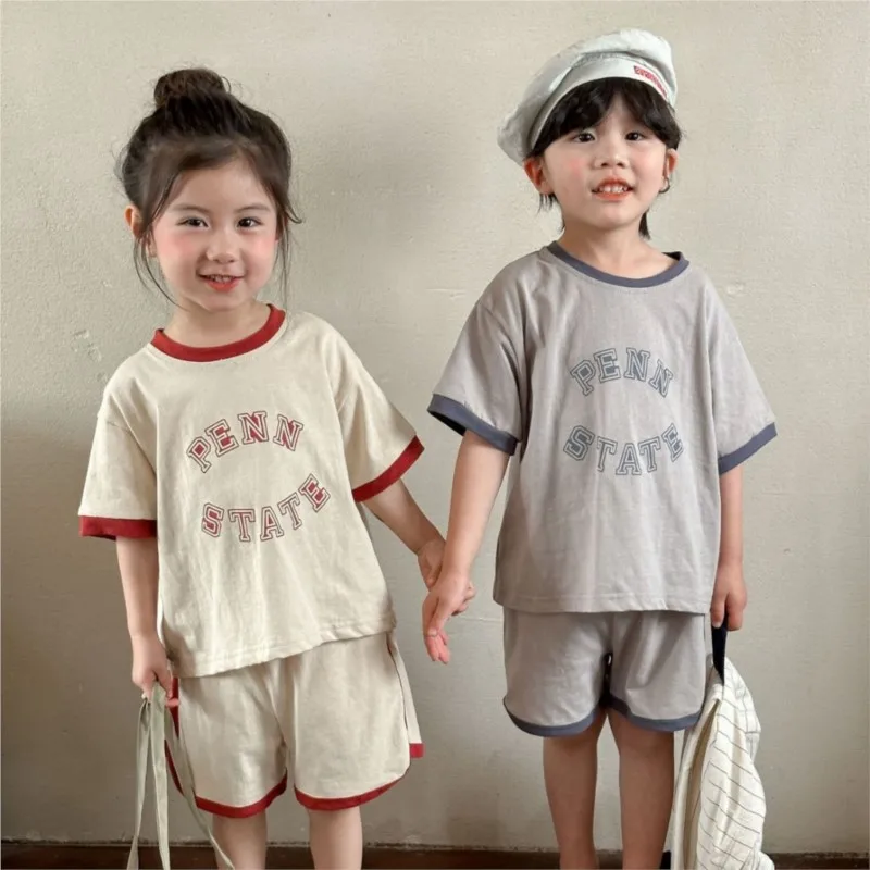 

Kids Summer Sports Suit 2024 Baby Boys 2PCS Clothes Set Letter Printed Muslin T-shirts Contrast Hem Shorts Suit Child Boy Outfit