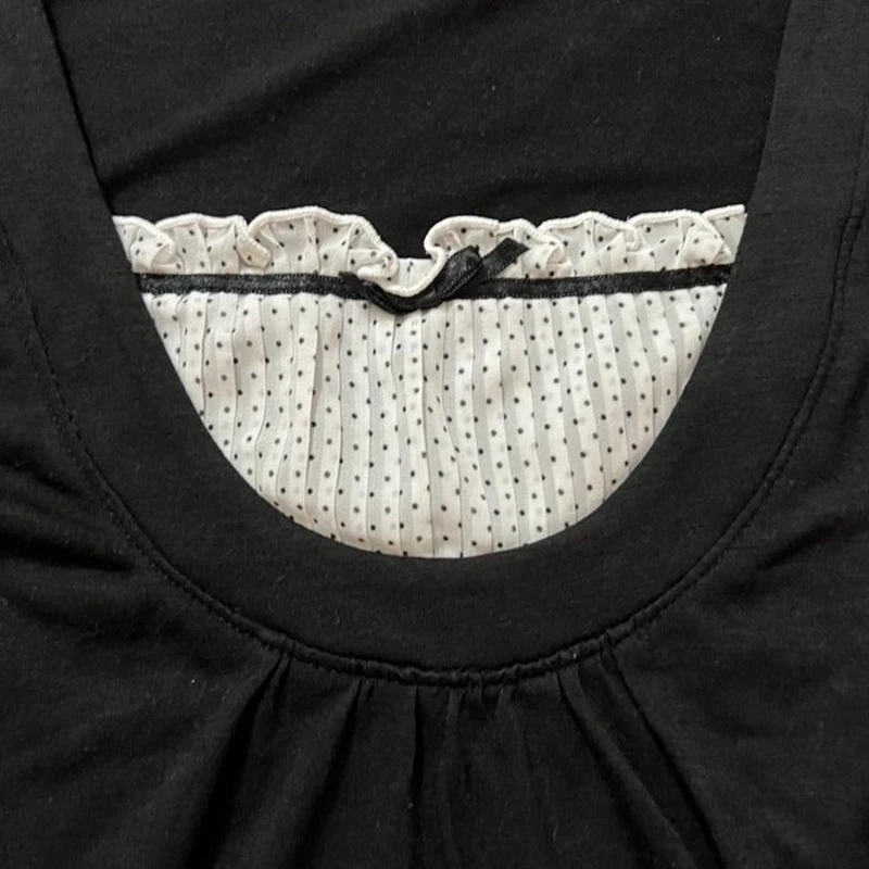 Korean Kawaii Patchwork Women T-shirt Y2K Aesthetic Vintage Milkmaid Top Fairycore Grunge Square Collar Short Sleeve Crop Top 3