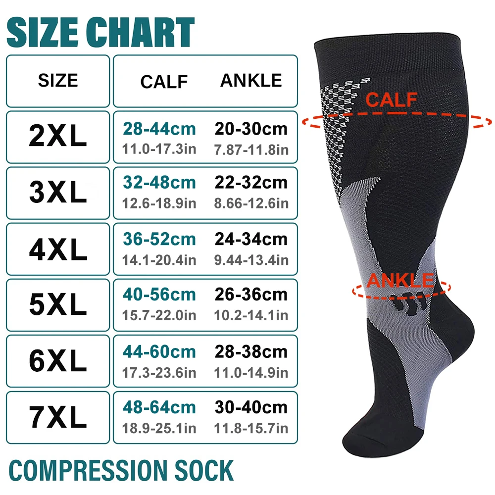 GOMOREON 1Pair Plus size compression socks wide calf women men knee high 20-30 mmhg circulation for swelling 2XL-7XL