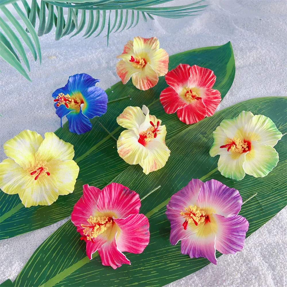 10 Pcs/set Artificial Hibiscus with Stem 11CM Hawaiian Foam Flower Headwear Luau Beach Wedding Hawaiian Party Decorations halloween party accessory handmade cat ear headband with artificial material dropship