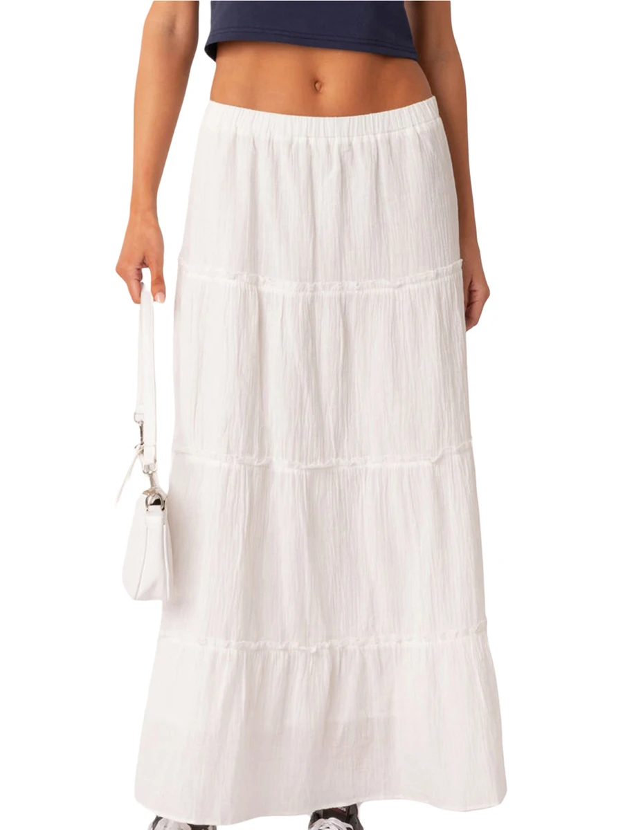 

Women Summer Maxi Skirt Elastic High Waist Flowy Swing Boho Casual Tiered A-Line Long Skirts