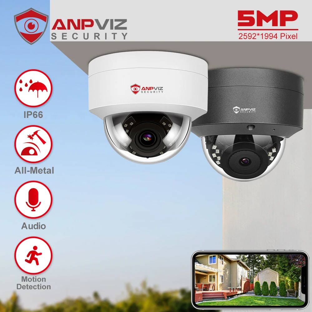 Anpviz 5MP IP Camera Outdoor POE Dome Security Protection Built-in Microphone IP66 IR 30m CCTV Video Camera H.265 Danale APP P2P