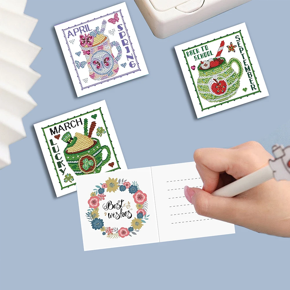 12pcs DIY 12개월 테마 라인스톤 다이아몬드 아트 모자이크 엽서 축제 및 기념일을 위한 다이아몬드 아트 인사말 카드