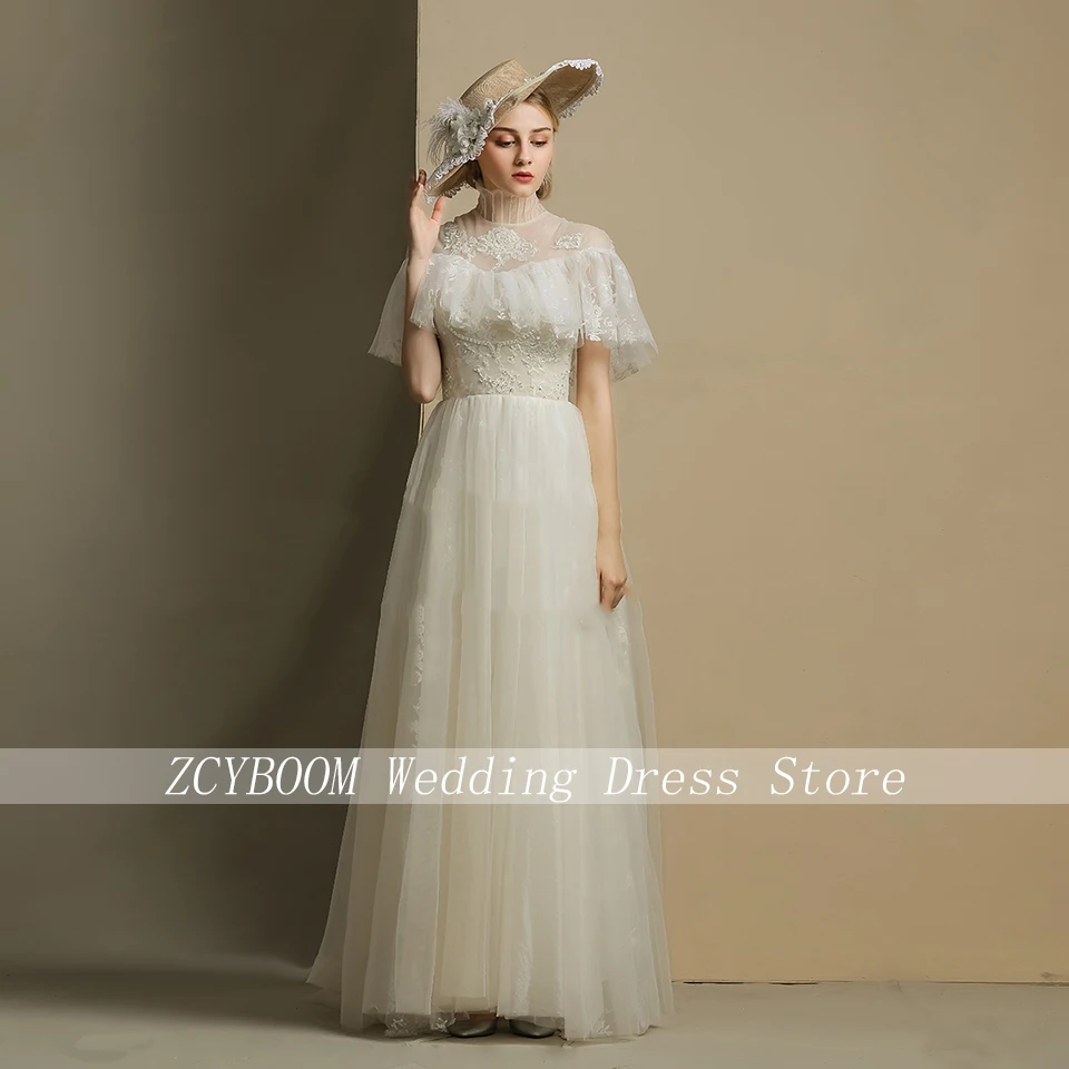 

Elegant White High-Neck flounce Beaded Wedding Dress 2023 A-Line Floor Length Sweep Train Appliques Buttons Bridal Gown