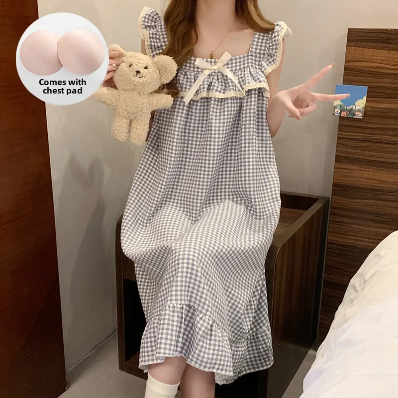 thumbnail image 1 of Vestido de dormir sin mangas a cuadros para mujer, camisón de algodón con burbujas de tejido fino, almohadilla fija holgada para el pecho, ropa de casa, verano, 1 of 4