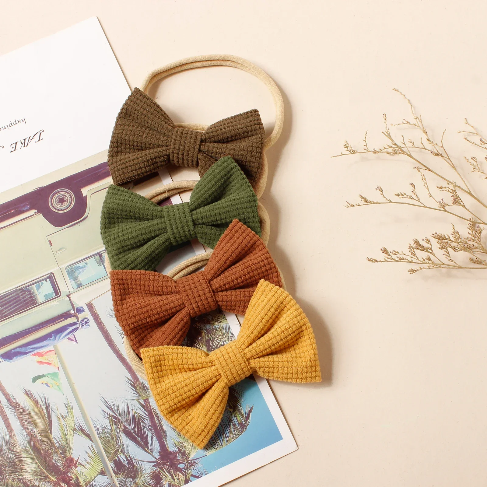 Bow Elastic Headband Hot Sale Baby 4pcs Corduroy Waffle Soft Nylon Top Knot For Infant Girls Party Fashion Decor Hair Accessory