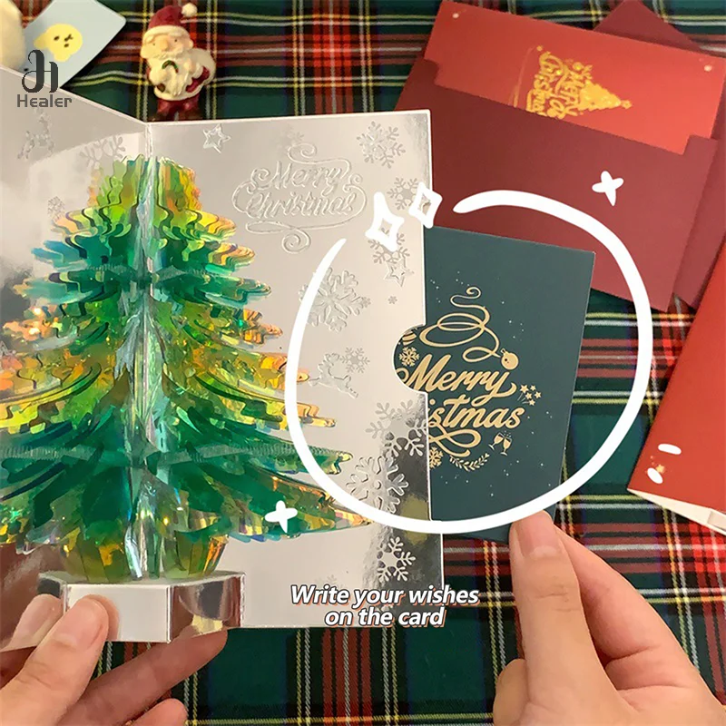 3D Pop Up Christmas Card NO Music Merry Christmas Greeting Card Handwritten Blessing Invitation Cards Thanksgiving Gifts