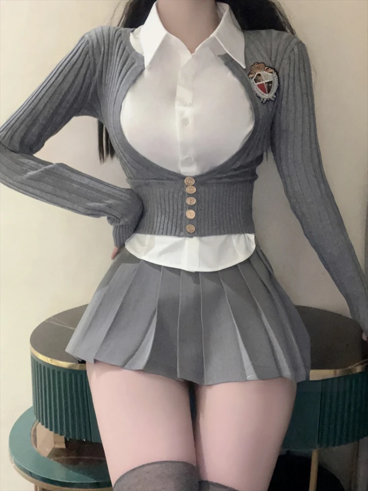 

College Style Kawaii 3 Piece Set Women Korean Fashion Sweet Mini Skirt Suit Female Holiday Gray French Vintage Clothing 2024 New