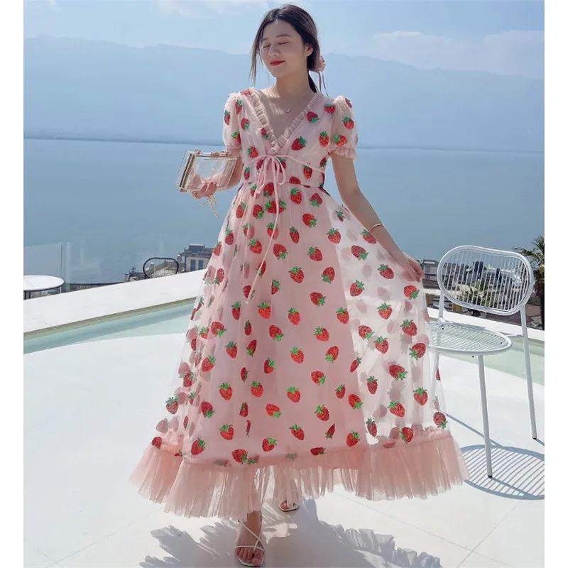 فستان “فراولة الصيف” طويل بكشكش تول