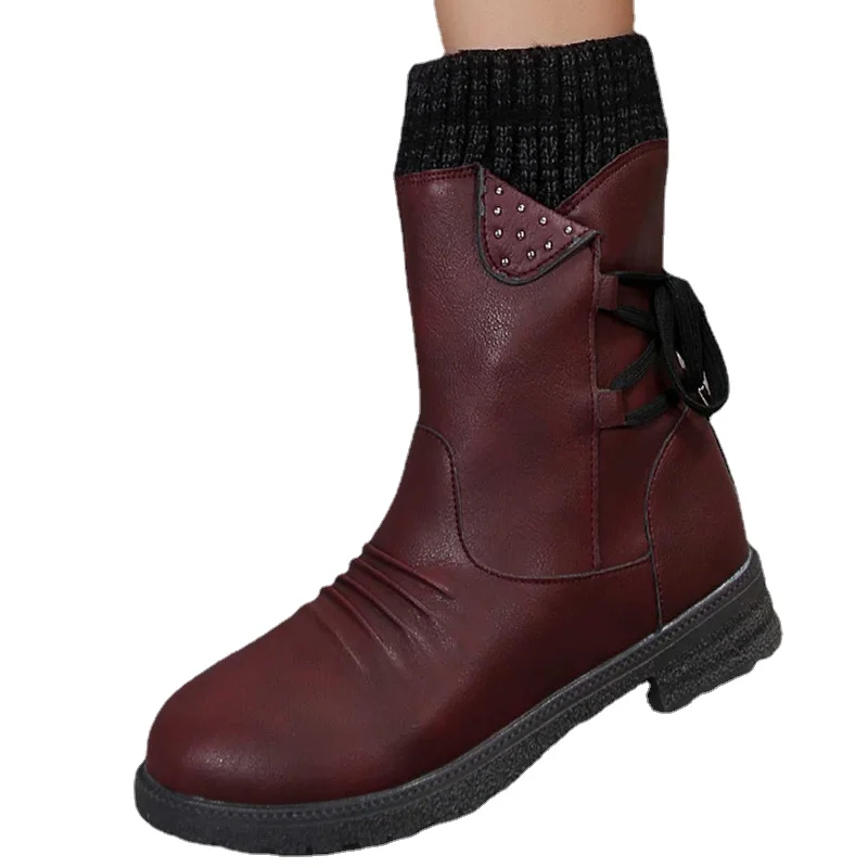 Ladies Shoes on Sale 2023 High Quality Zipper Women's Boots Winter Round Toe Solid Mid-Calf Pleated Low-heeled Western Boots