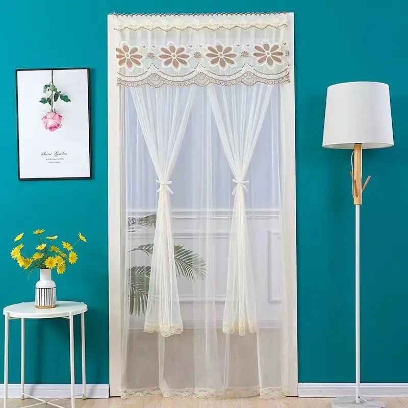 Lace Embroidered Door Curtain, Punch-free Mosquito Screen Curtain, Breathable Bedroom Partition Curtain, Double Layer