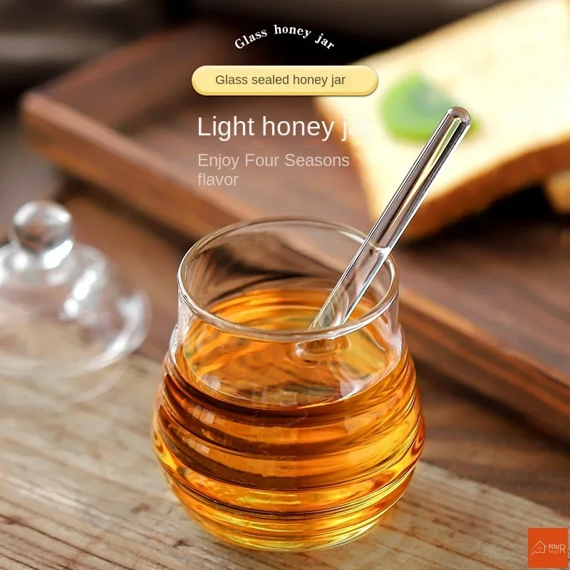 Glass Honey Jar Glass Honeycomb Tank Kitchen Tools Honey Storage Container with Dipper and Lid Bottle for Party Kitchen