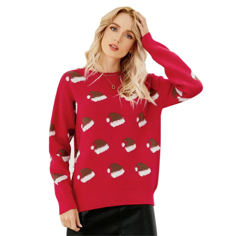 

New Winter Red Printed Pullover Christmas Sweater for Women Casual O Neck Crop Top Long Sleeve Warm Jumper Ladies Knitwear