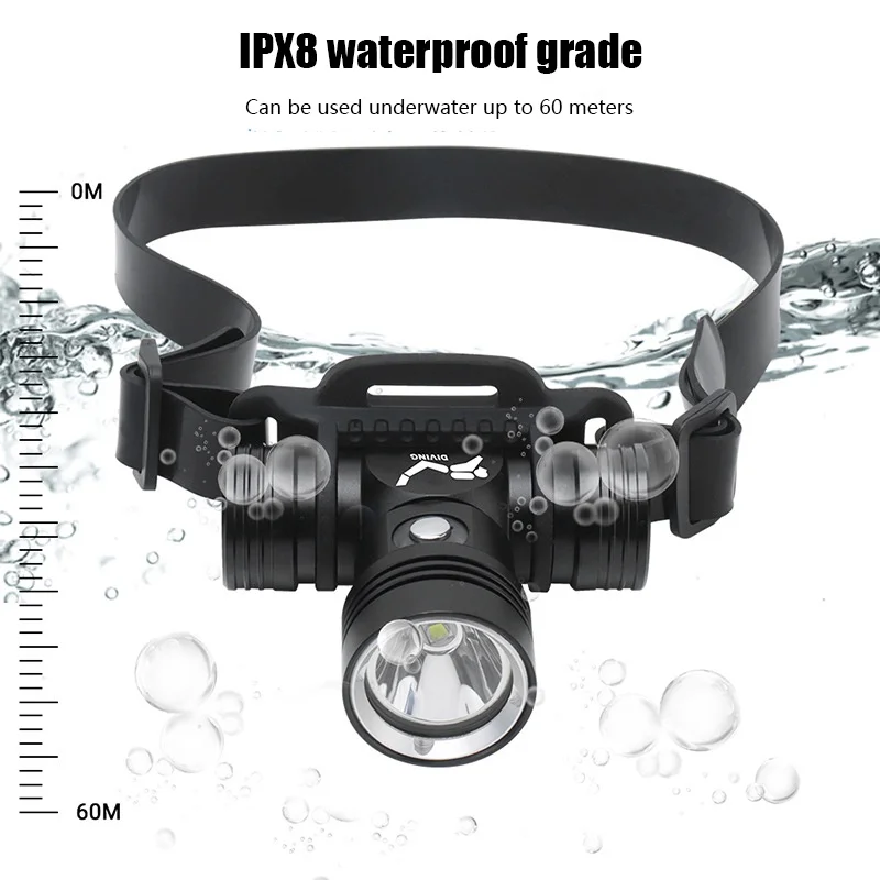 

New Waterproof Underwater Diving Headlamp 100m Cree Xml-l2 1000lm Headlight Ipx8 18650 Battery with LED