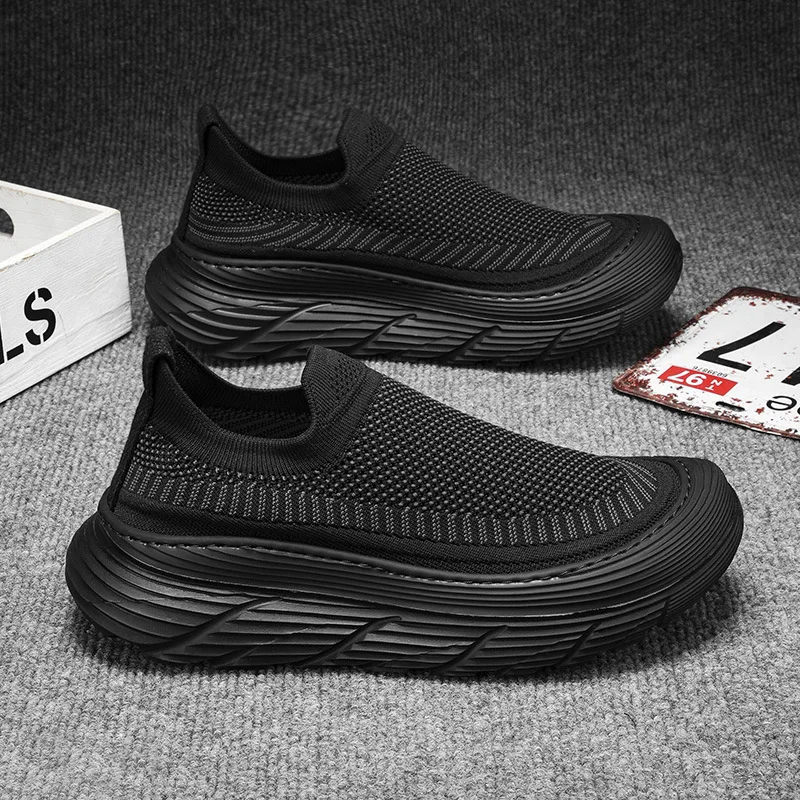 YeddaMavis Men Shoes Spring New Casual Sports Shoes Men Pedal Thick Soled Fly Weave Breathable Men Shoes Black Casual Sneakers